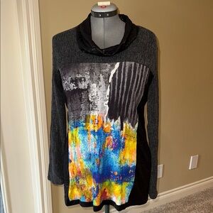 Zoe Sweater Yellow Blue Gray Black Art Wear Cowl Neck Long Women’s Sz L